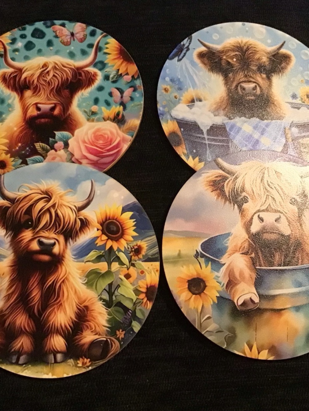 Set of 4 Highland Cow Coasters - Bright Floral Artwork